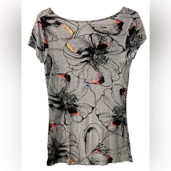 APT. 9 ESSENTIALS WOMEN’S SMALL GRAY PRINT DRAPED NECK CAP SLEEVE STRETCH TOP - Picture 3 of 4